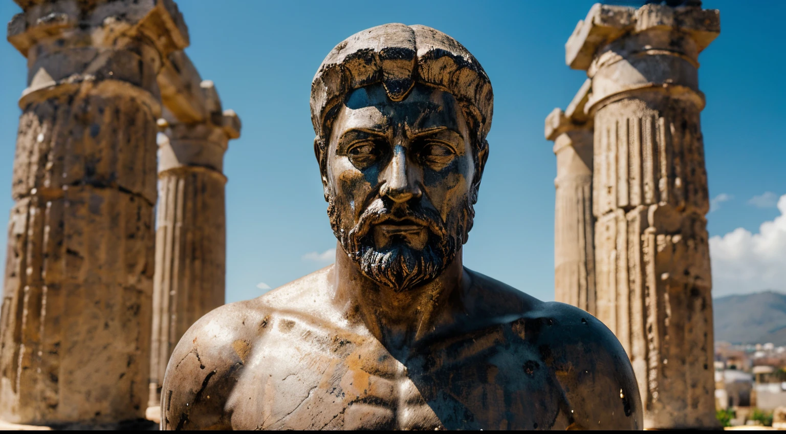 Ancient Stoic Statue With Very Angry Expression, tem barba, muitos detalhes em ambos os olhos, Outside, fundo atenas grego, open sky, com rosto extremamente detalhado full body view, Colors with low saturation with dark tone, Filmado em Sony A7S III com Sony FE 35mm f/1.8, 12.1 MP, --AR 3:2 --estilo cru