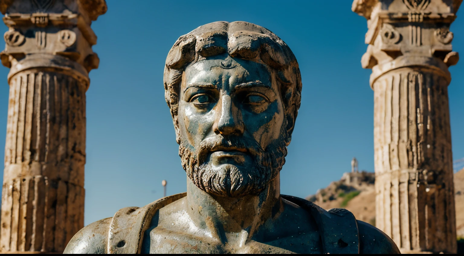 Ancient Stoic Statue With Very Angry Expression, tem barba, muitos detalhes em ambos os olhos, Outside, fundo atenas grego, open sky, com rosto extremamente detalhado full body view, Colors with low saturation with dark tone, Filmado em Sony A7S III com Sony FE 35mm f/1.8, 12.1 MP, --AR 3:2 --estilo cru