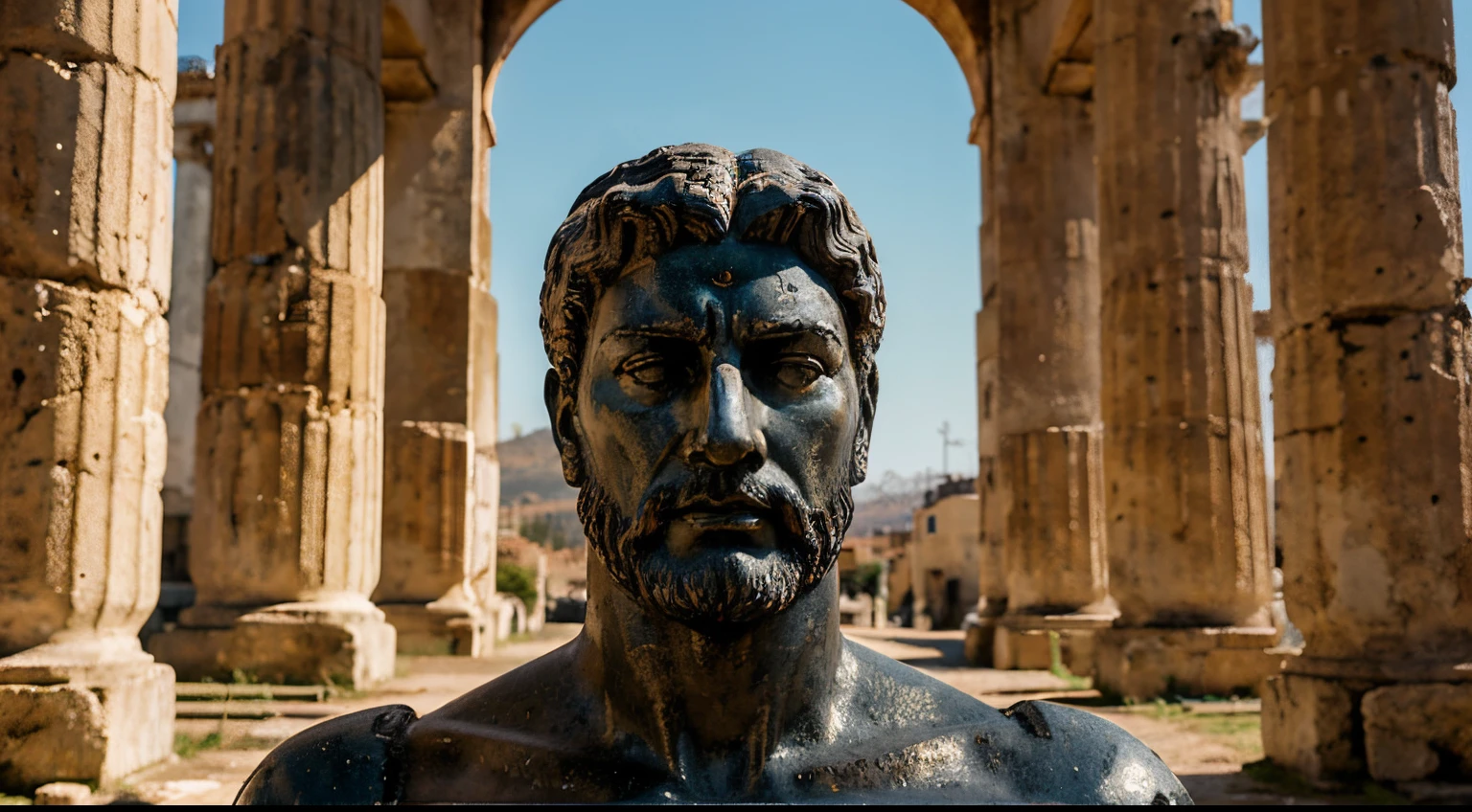 Ancient Stoic Statue With Very Angry Expression, tem barba, muitos detalhes em ambos os olhos, Outside, fundo atenas grego, open sky, com rosto extremamente detalhado full body view, Colors with low saturation with dark tone, Filmado em Sony A7S III com Sony FE 35mm f/1.8, 12.1 MP, --AR 3:2 --estilo cru