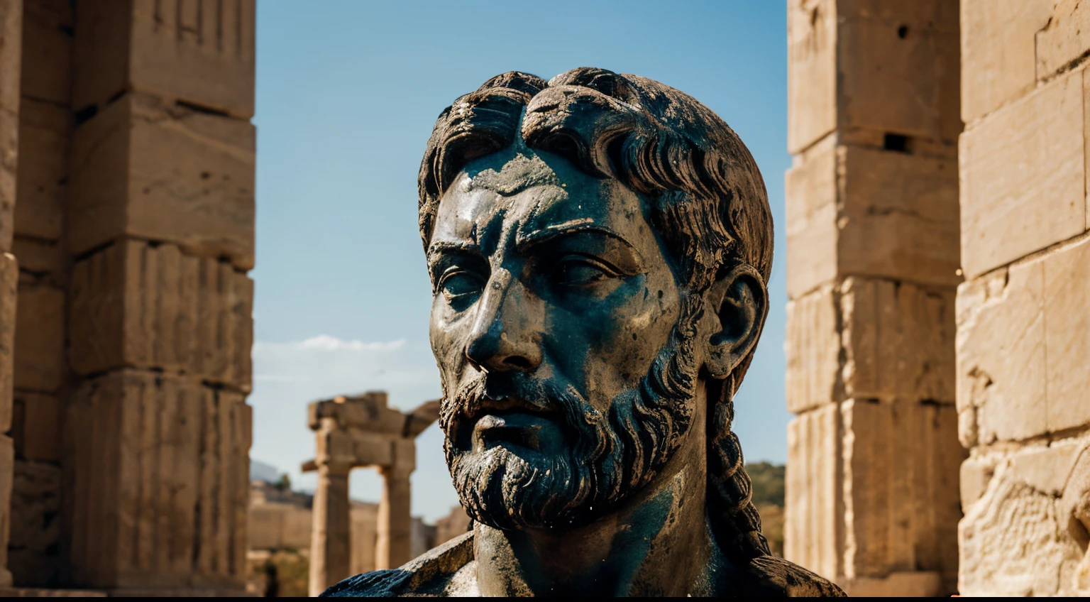 Ancient Stoic Statue With Very Angry Expression, tem barba, muitos detalhes em ambos os olhos, Outside, fundo atenas grego, open sky, com rosto extremamente detalhado full body view, Colors with low saturation with dark tone, Filmado em Sony A7S III com Sony FE 35mm f/1.8, 12.1 MP, --AR 3:2 --estilo cru
