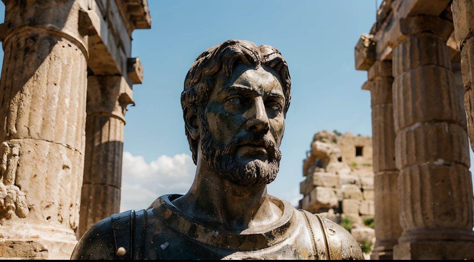 Ancient Stoic Statue With Very Angry Expression, tem barba, muitos detalhes em ambos os olhos, Outside, fundo atenas grego, open sky, com rosto extremamente detalhado full body view, Colors with low saturation with dark tone, Filmado em Sony A7S III com Sony FE 35mm f/1.8, 12.1 MP, --AR 3:2 --estilo cru