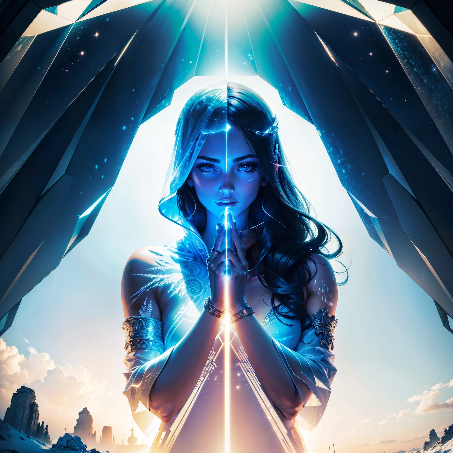 (ice sculpture of a Greek God in futuristic outfit, let there be light, multiple layers, transparency, double exposure, scenery, detailed background, 32K, 72dpi) AND (psychedelic art, dooms day, multiple layers, transparency, double exposure, scenery, detailed background, 32K, 72dpi)