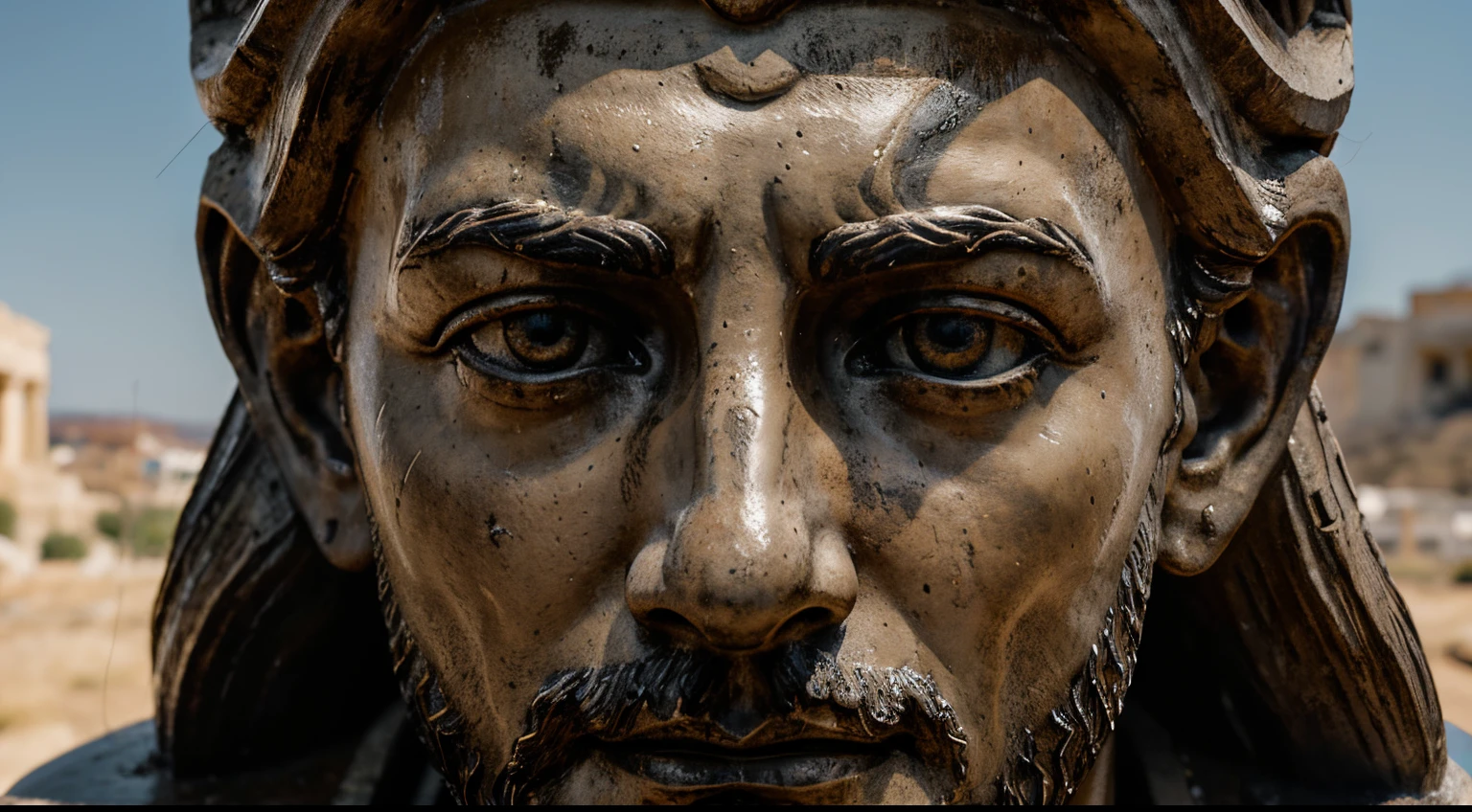 Ancient Stoic Statue With Very Angry Expression, tem barba, muitos detalhes em ambos os olhos, Outside, fundo atenas grego, open sky, com rosto extremamente detalhado full body view, Colors with low saturation with dark tone, Filmado em Sony A7S III com Sony FE 35mm f/1.8, 12.1 MP, --AR 3:2 --estilo cru