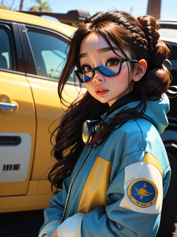 Loli menina, bonita e fofa, wearing goggles, moletom branco, babyface, estilo chibi, cabelo vermelho e azul de duas cores, braided hair ponytail, olhos de detalhe perfeito, rosto delicado, CG perfeito, qualidade de imagem HD,