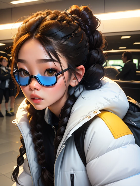 meninita e fofa, wearing goggles, moletom branco, babyface, estilo chibi, cabelo vermelho e azul de duas cores, braided hair ponytail, olhos de detalhe perfeito, rosto delicado, CG perfeito, qualidade de imagem HD,