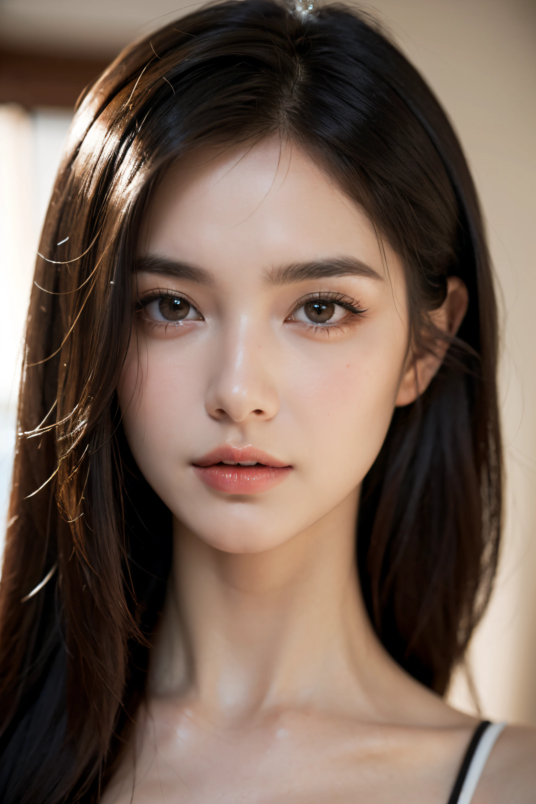 A woman with long hair and a black top posing for a picture - SeaArt AI