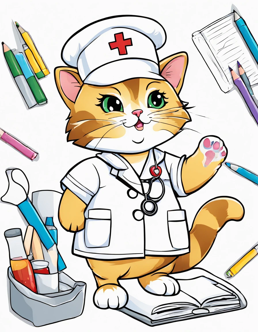 A cute cat, in a nurse uniform is helping with a broken paw, cartoon, Coloring Book, ColoringBookAF,