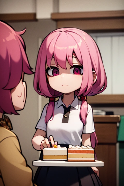 A pink haired woman with violet eyes is serving a birthday cake to a red haired woman with red eyes.