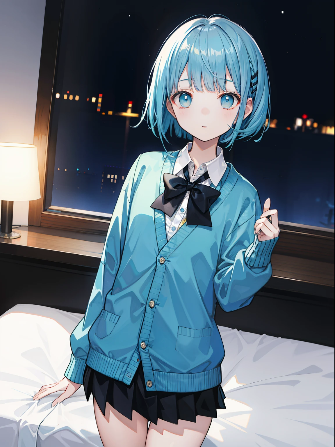 flat chest、Blunt bangs、1girl in,night bedroom、lightblue hair、Black tie、light blue cardigan、Black miniskirt、Shining eyes