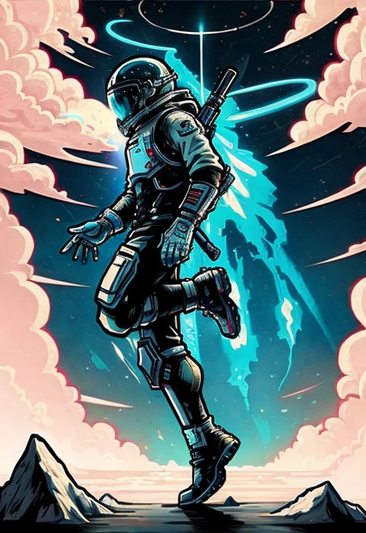 Full body astronaut looking at the sky amidst a hurricane colorful cartoon