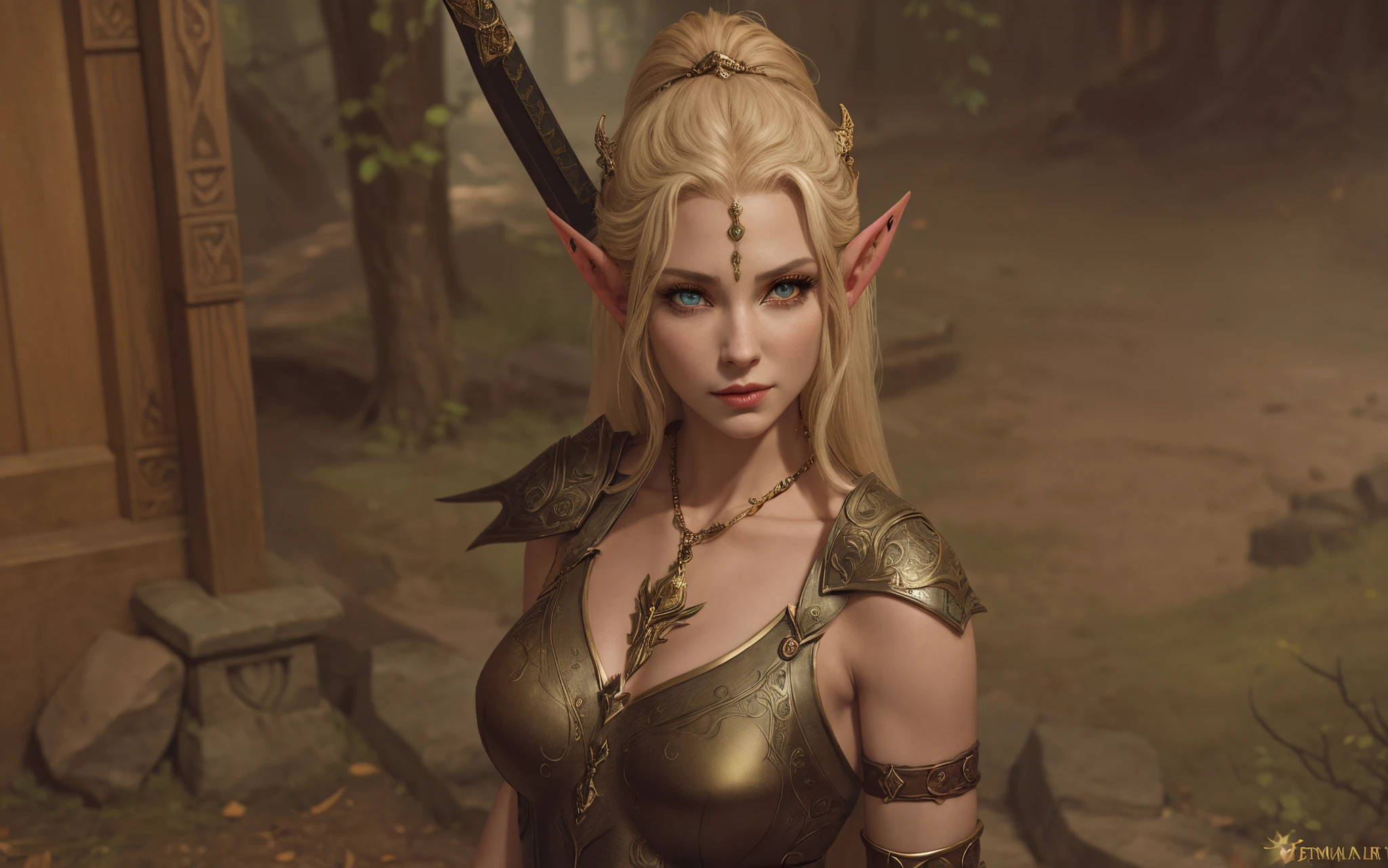 (Best quality, 8k, 32k, Masterpiece, UHD:1.2),Beautiful  female elf, woman elf, athletic, large breasts, cleavage, battle scene in background, masterpiece, perfect lighting, uhd, 8k, (wearing armor), lord of the rings, (fighting pose, holding a dagger in each hand), 1girl