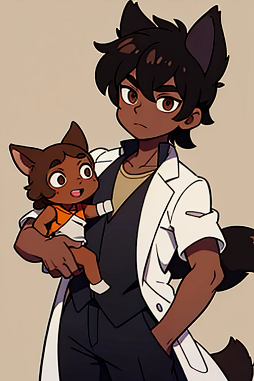 dark skin, black hair, brown eyes, young boy, fox ears, lab coat, goggles