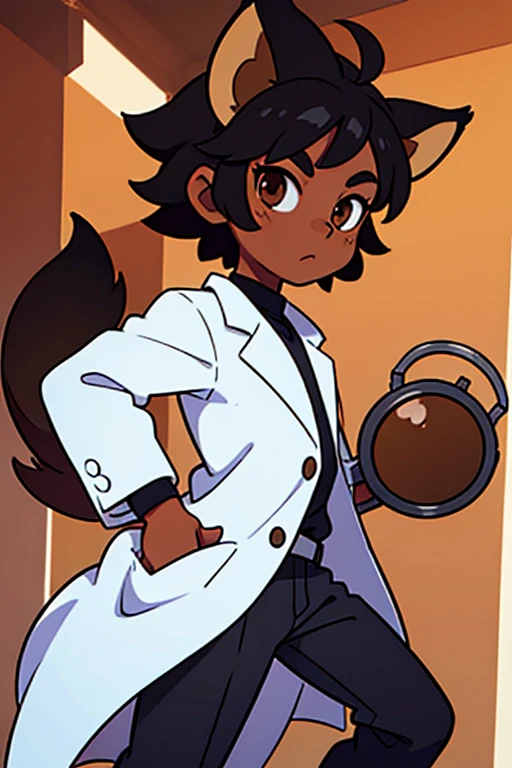 dark skin, black hair, brown eyes, young boy, fox ears, lab coat, goggles