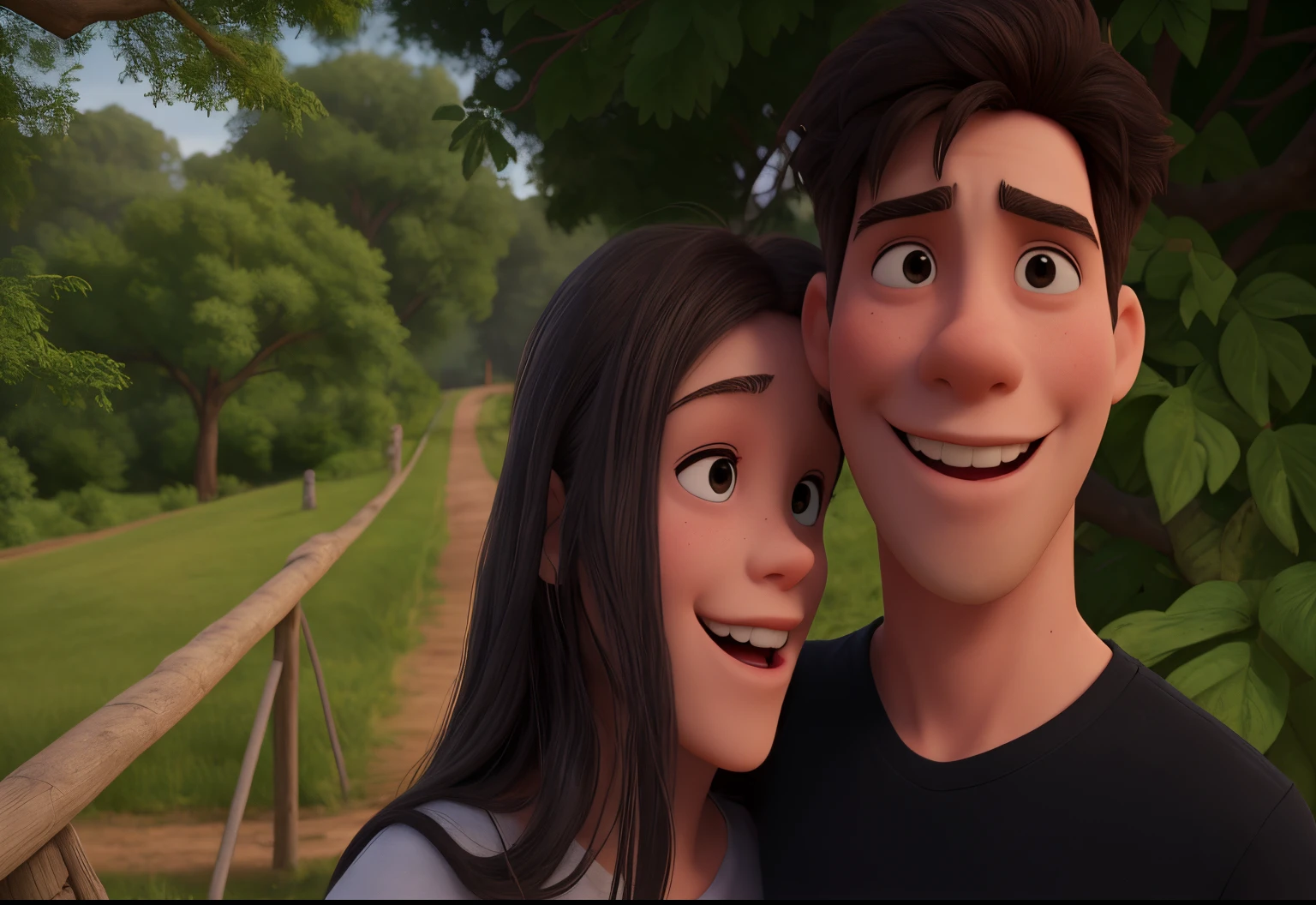 The girl is on the left and the boy is on the right. The girl is wearing a white t-shirt, the boy is wearing a black t-shirt, both of them are smiling, and the girl has a bridge on her left hand. A big tree will be seen behind the right side of the boy.