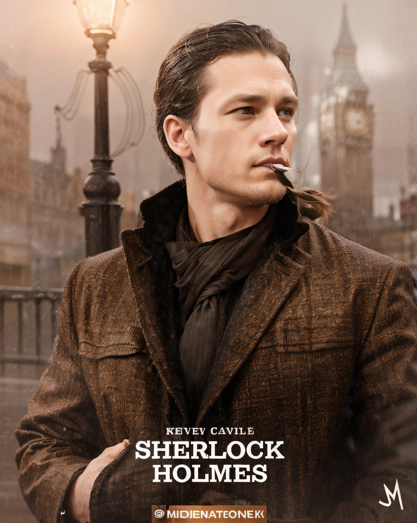 Houses Sherlock played by Charlie Hunnam, (master piece, best quality: 1.2), Ultra-detailed face, (Muted colors: 1.2, dark studio, rim lighting, two-tone lighting, dimly lit, discreet, ), ((time of heavy rain)),long leather raincoat, a poster for a 1930s \(Style\), detective film noir,(noir atmosphere:1), dark atmosphere,Night City Street, Emphasis on noir colors, London in 1930s, Sherlock Homes has just returned to his office after a long day pounding the pavement, trying to solve the latest case that had been thrown his way. It was difficult, and he was no closer to finding his assailant than when he started, Trending on ArtStation, Trending on CGSeteration, Intricate, Highly Detailed, Dramatic, Photorealist Painting Art by Midjourney and Greg Rutkowski,