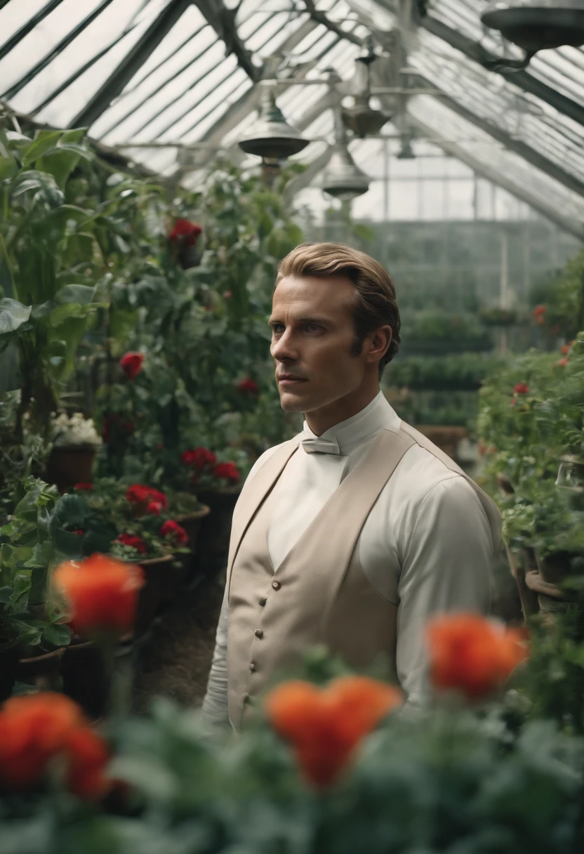 An image of Waterford standing in his greenhouse, surrounded by lush green plants and exotic flowers.,The Handmaid's Tale,Fred Waterford, a character from “The Handmaid’s Tale,” presents a commanding figure with a stern, composed demeanor, often seen in the authoritative, formal attire befitting his high-ranking position in the dystopian regime of Gilead. His neat appearance, with a clean-shaven face and well-groomed hair, masks the cruelty and manipulation he is capable of as one of the architects of the oppressive society.