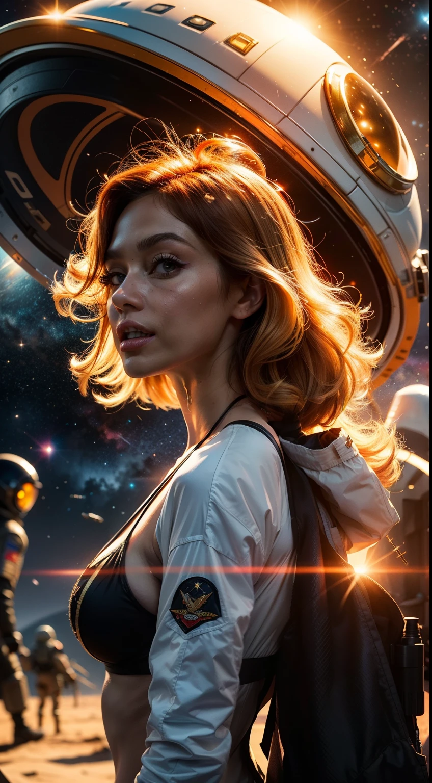 Astronaut style bikini and clear helmet, with a group of soldiers behind her, beautiful sci-fi art, beautiful smile, waiting for a kiss, turning and looking at the camera, space warrior, sunrise over solar punk city, stoner rock, mars invasion 2 0 3 3 - 2 0 4 2, 7 0 s palette, epic album art cover, sexy movie photo, cinemascope panorama, high stylized and 1940’s poster, cosmic style, 8k cinematic, golden ratio, cosmic mayhem, light particles, wet look, golden hour, realistic, masterpiece, highest quality, lens flare, shade, bloom, [[chromatic aberration]]