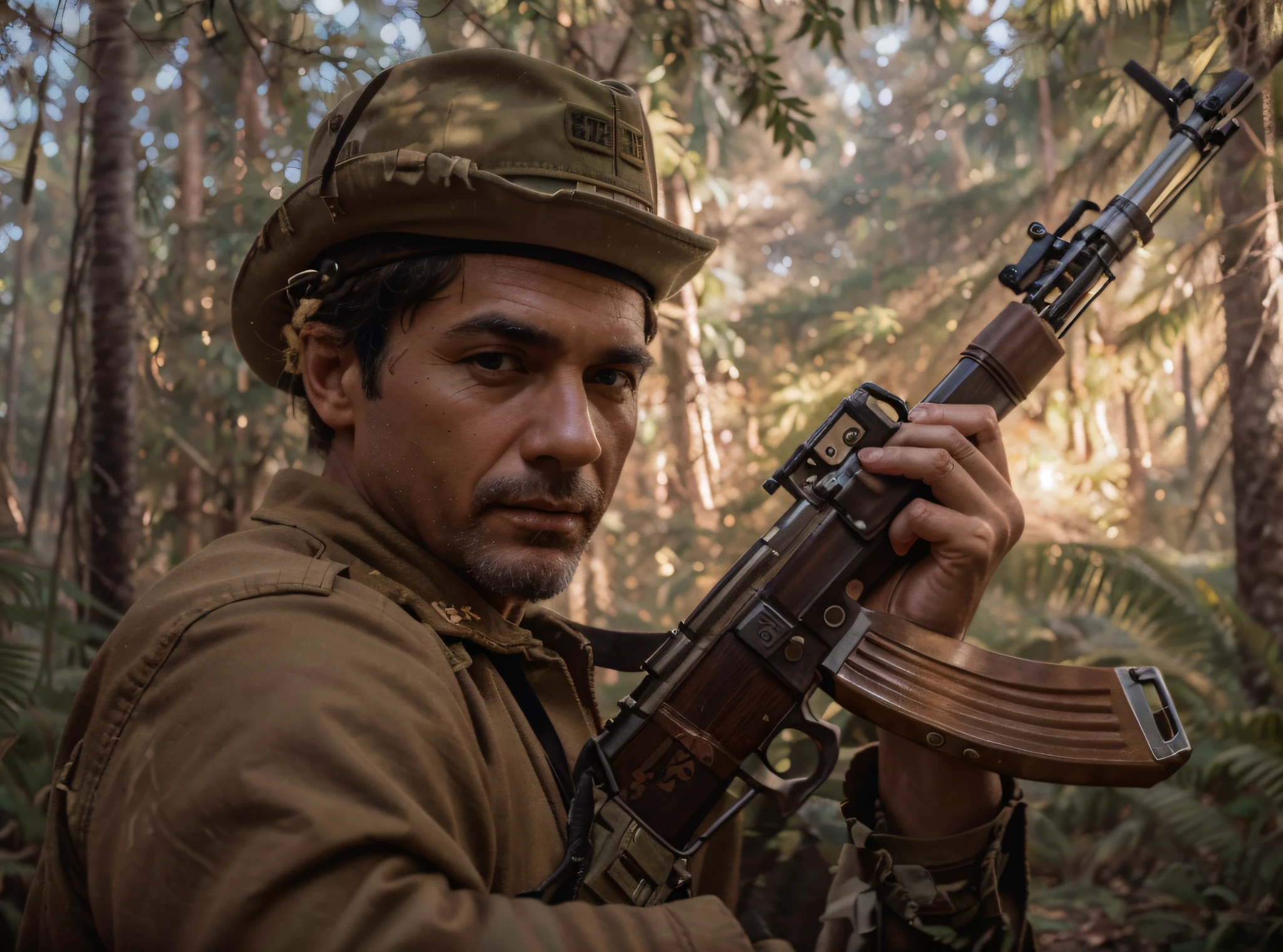Spanish soldier in Philippines war,detailed uniform,conquering eyes,ancient musket rifle,gritty battlefield,earthy colors,muddy terrain,enveloping smoke,bloody wounds,retreating enemies,battered armor,noble posture,victorious expression,fierce determination,war-torn landscape,overcast sky,dust-filled air,ragged flag,crumbling fortifications,abandoned village,tropical foliage,suffocating humidity,thundering canon fire,sounds of battle,focused intensity,heroic sacrifice,courageous spirit,devastating conflict,clustered ruins,history in the making,patriotic fervor,mixed emotions,unyielding resilience,desperate struggle,enduring legacy,indomitable strength,iconic symbol,living history composition,artistic representation