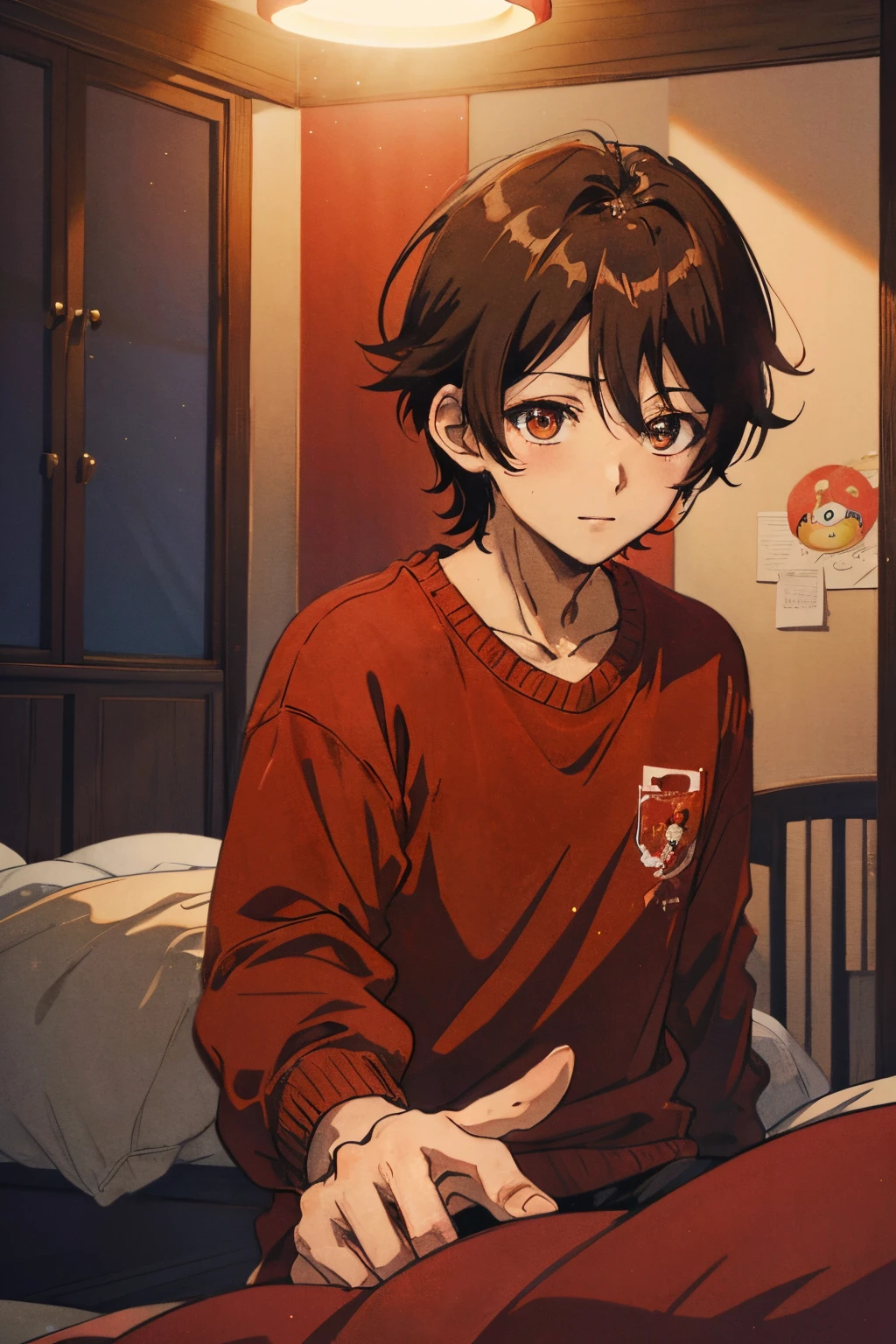 Anime Boy, Dark Brown Hair, Brown Eyes, wearing Red Clothing, Bedroom Background, Bright, Happy, Shining, Chill