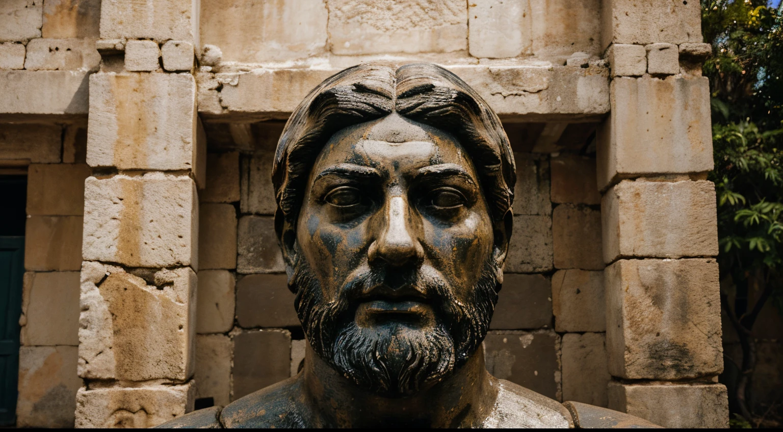 Ancient Stoic Statue With Very Angry Expression, tem barba, muitos detalhes em ambos os olhos, Outside, fundo atenas grego, open sky, com rosto extremamente detalhado full body view, Colors with low saturation with dark tone, Filmado em Sony A7S III com Sony FE 35mm f/1.8, 12.1 MP, --AR 3:2 --estilo cru