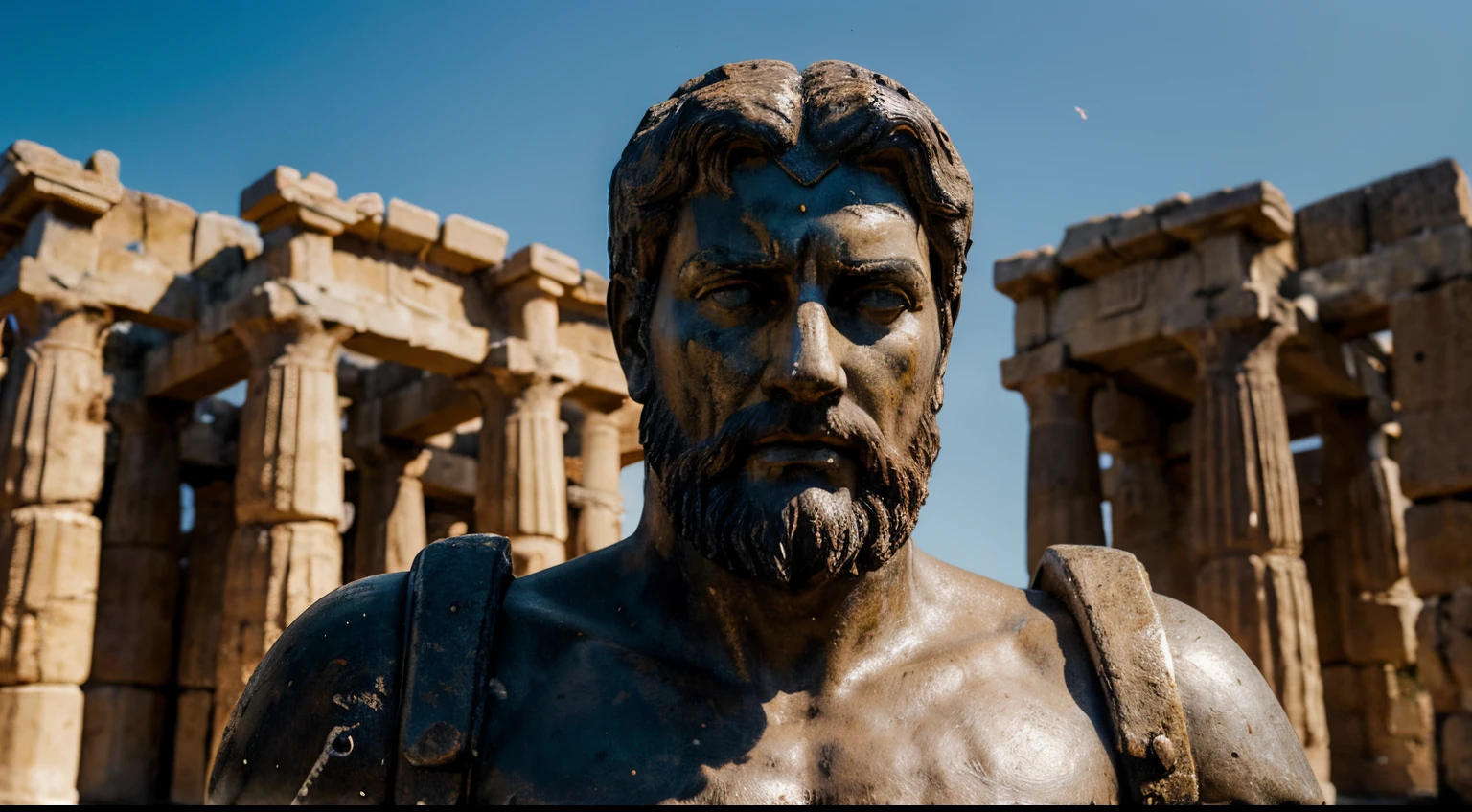 Ancient Stoic Statue With Very Angry Expression, tem barba, muitos detalhes em ambos os olhos, Outside, fundo atenas grego, open sky, com rosto extremamente detalhado full body view, Colors with low saturation with dark tone, Filmado em Sony A7S III com Sony FE 35mm f/1.8, 12.1 MP, --AR 3:2 --estilo cru