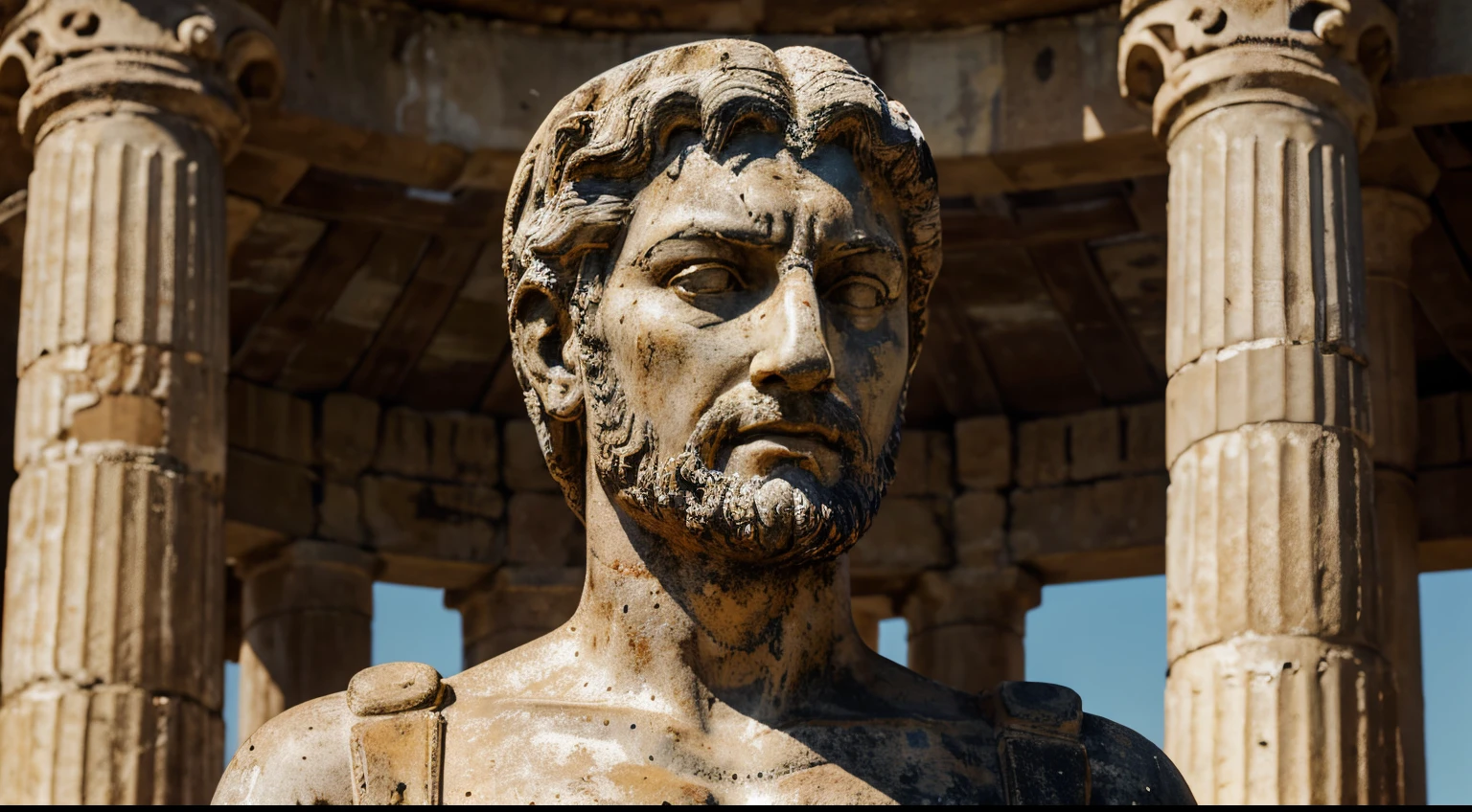 Ancient Stoic Statue With Very Angry Expression, tem barba, muitos detalhes em ambos os olhos, Outside, fundo atenas grego, open sky, com rosto extremamente detalhado full body view, Colors with low saturation with dark tone, Filmado em Sony A7S III com Sony FE 35mm f/1.8, 12.1 MP, --AR 3:2 --estilo cru