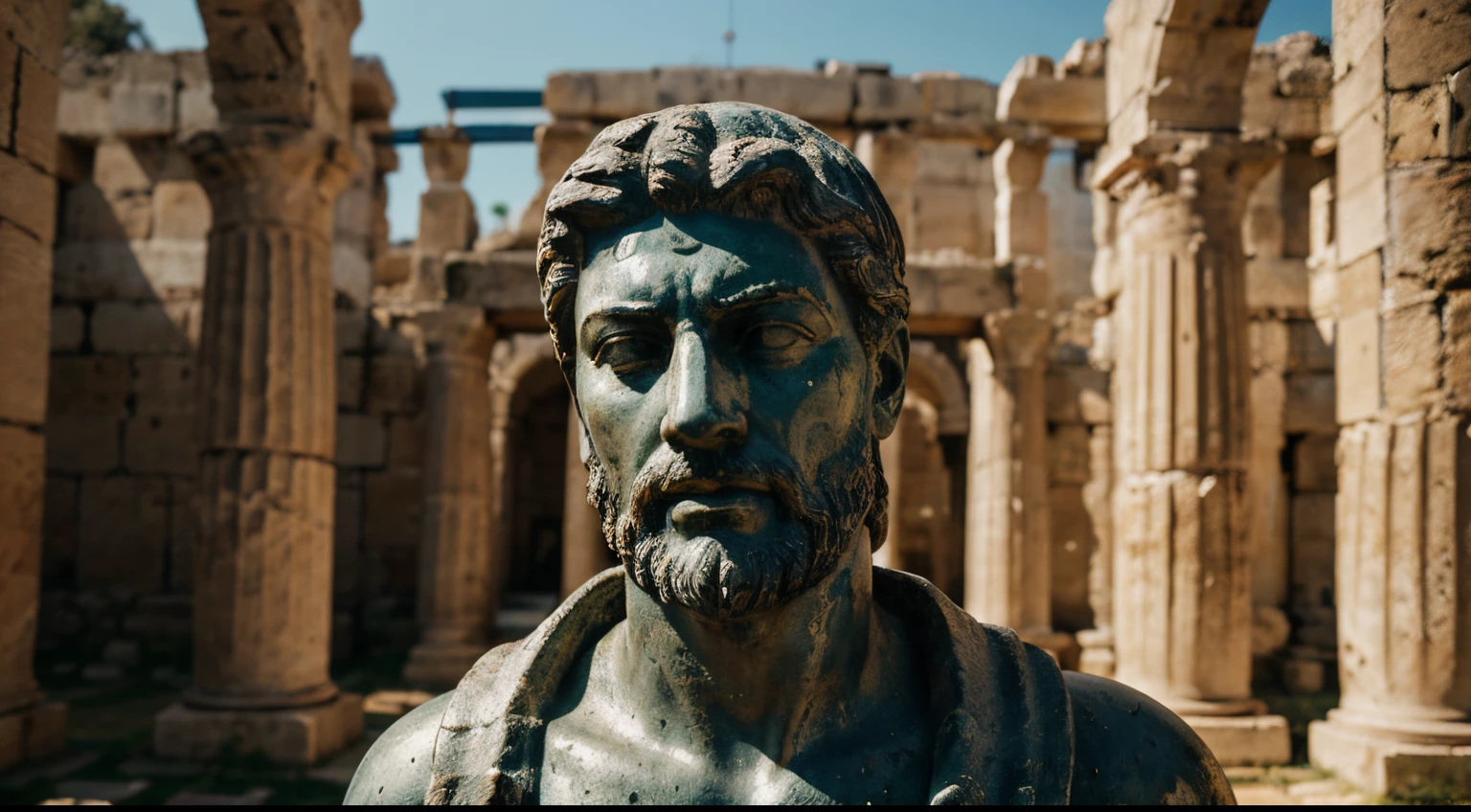 Ancient Stoic Statue With Very Angry Expression, tem barba, muitos detalhes em ambos os olhos, Outside, fundo atenas grego, open sky, com rosto extremamente detalhado full body view, Colors with low saturation with dark tone, Filmado em Sony A7S III com Sony FE 35mm f/1.8, 12.1 MP, --AR 3:2 --estilo cru