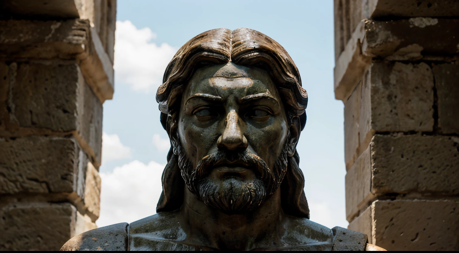 Ancient Stoic Statue With Very Angry Expression, tem barba, muitos detalhes em ambos os olhos, Outside, fundo atenas grego, open sky, com rosto extremamente detalhado full body view, Colors with low saturation with dark tone, Filmado em Sony A7S III com Sony FE 35mm f/1.8, 12.1 MP, --AR 3:2 --estilo cru