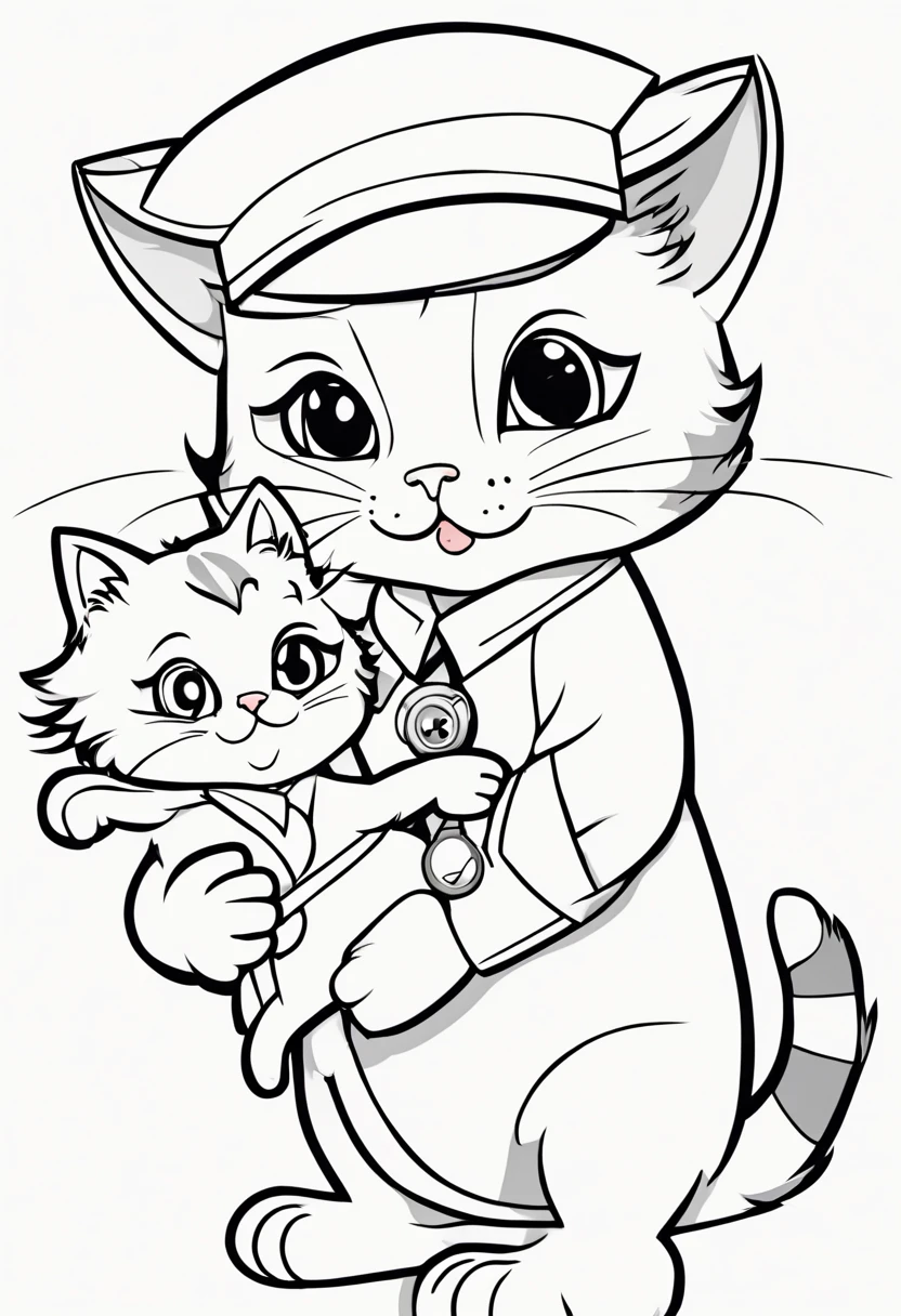 A cute cat in a nurse uniform is helping a cat with a broken paw, cartoon, Coloring Book, ColoringBookAF, no color, only contour