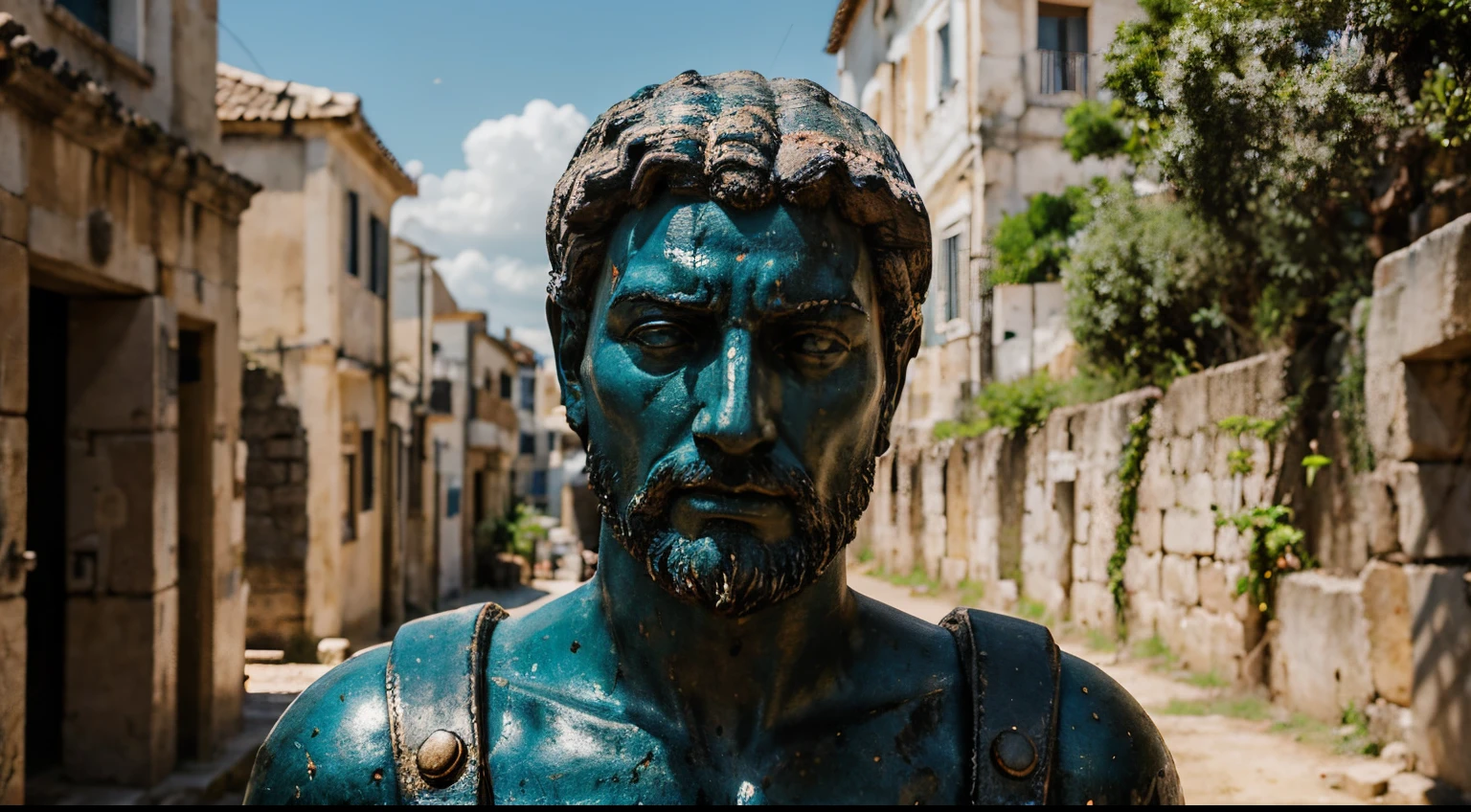 Ancient Stoic Statue With Very Angry Expression, tem barba, muitos detalhes em ambos os olhos, Outside, fundo atenas grego, open sky, com rosto extremamente detalhado full body view, Colors with low saturation with dark tone, Filmado em Sony A7S III com Sony FE 35mm f/1.8, 12.1 MP, --AR 3:2 --estilo cru