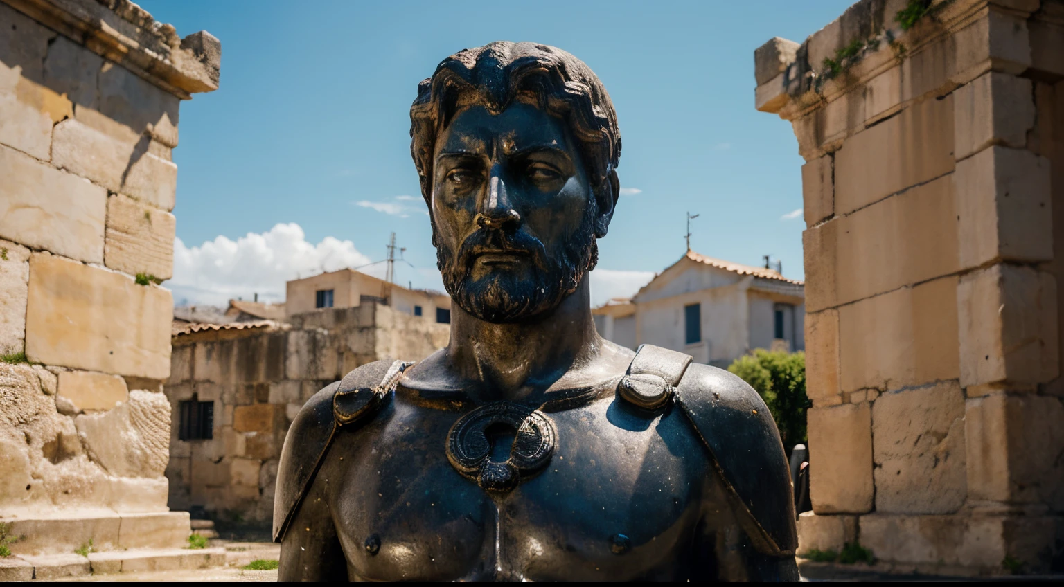 Ancient Stoic Statue With Very Angry Expression, tem barba, muitos detalhes em ambos os olhos, Outside, fundo atenas grego, open sky, com rosto extremamente detalhado full body view, Colors with low saturation with dark tone, Filmado em Sony A7S III com Sony FE 35mm f/1.8, 12.1 MP, --AR 3:2 --estilo cru