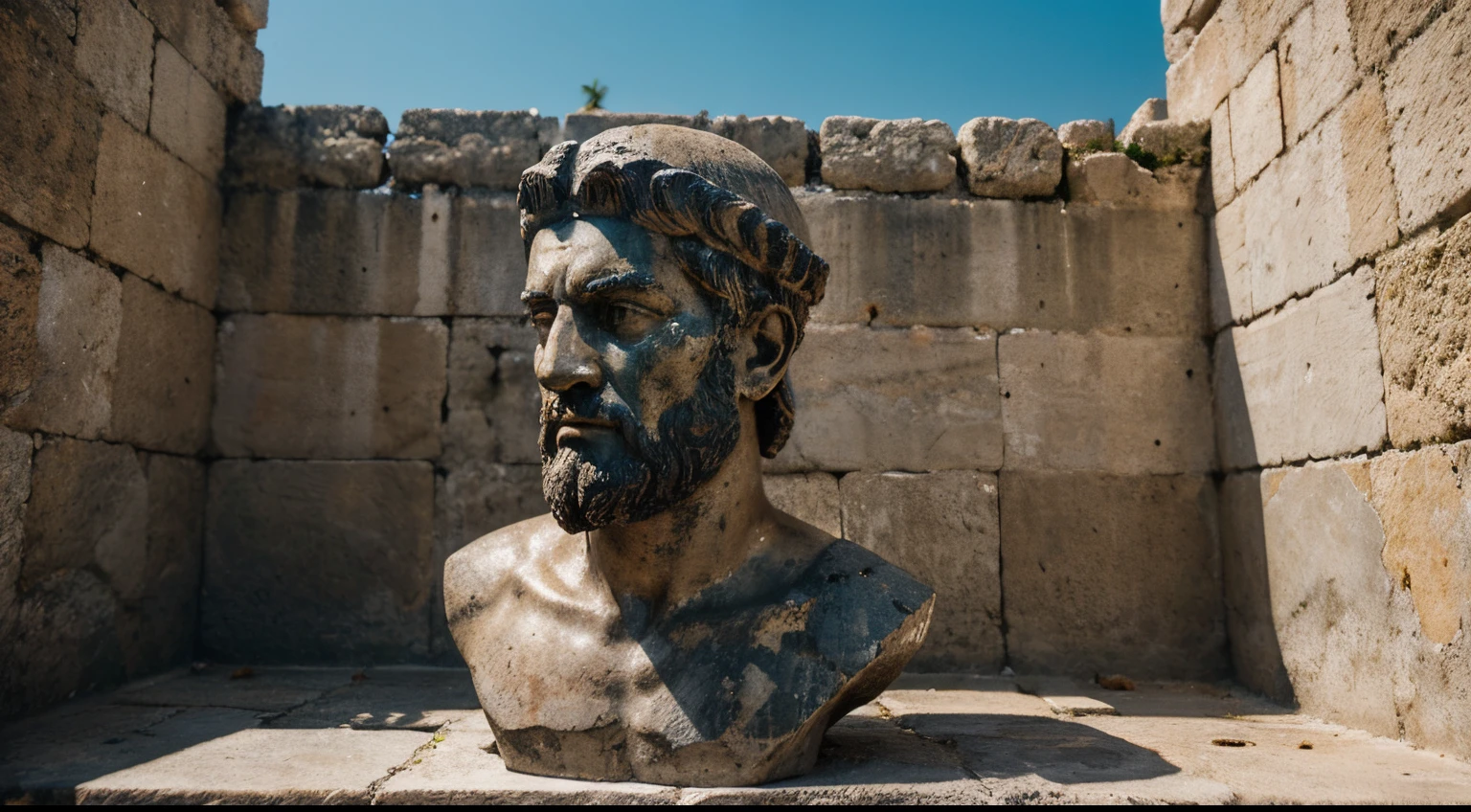 Ancient Stoic Statue With Very Angry Expression, tem barba, muitos detalhes em ambos os olhos, Outside, fundo atenas grego, open sky, com rosto extremamente detalhado full body view, Colors with low saturation with dark tone, Filmado em Sony A7S III com Sony FE 35mm f/1.8, 12.1 MP, --AR 3:2 --estilo cru