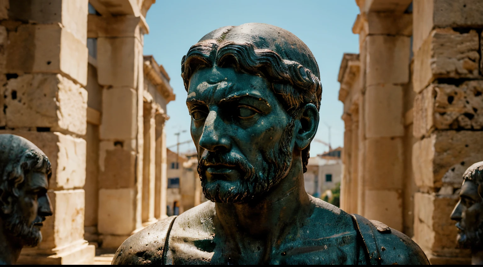 Ancient Stoic Statue With Very Angry Expression, tem barba, muitos detalhes em ambos os olhos, Outside, fundo atenas grego, open sky, com rosto extremamente detalhado full body view, Colors with low saturation with dark tone, Filmado em Sony A7S III com Sony FE 35mm f/1.8, 12.1 MP, --AR 3:2 --estilo cru