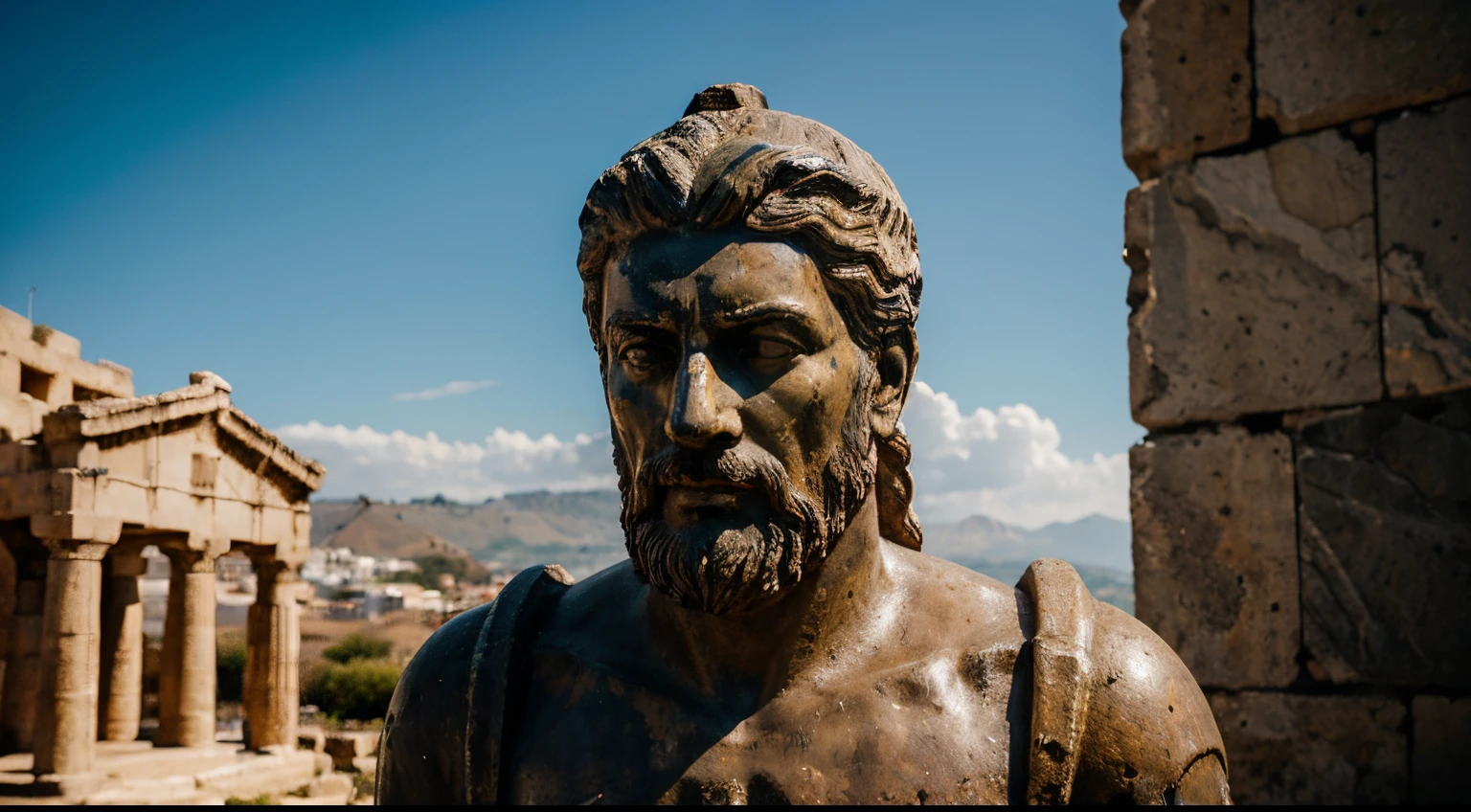 Ancient Stoic Statue With Very Angry Expression, tem barba, muitos detalhes em ambos os olhos, Outside, fundo atenas grego, open sky, com rosto extremamente detalhado full body view, Colors with low saturation with dark tone, Filmado em Sony A7S III com Sony FE 35mm f/1.8, 12.1 MP, --AR 3:2 --estilo cru