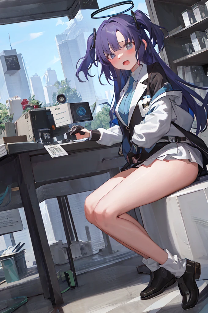 masterpiece, best quality, 1girl, solo, (full_body:1.2), standing in a white office room, using a tablet, <lora:hayaseYuukaLora_v1:0.9>, <lora:SeeDark_Style_V9-000007:0.7>,
