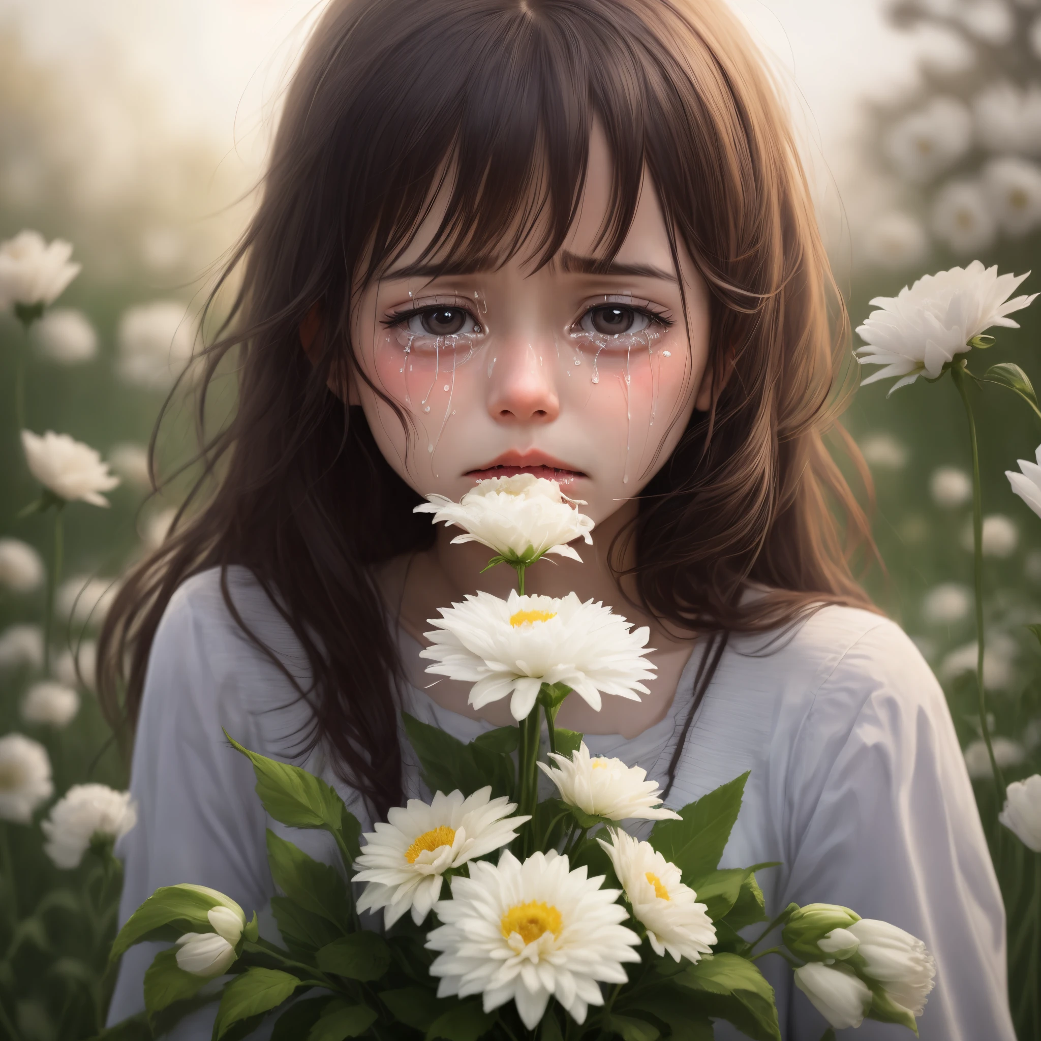 Girl eating flowers while crying