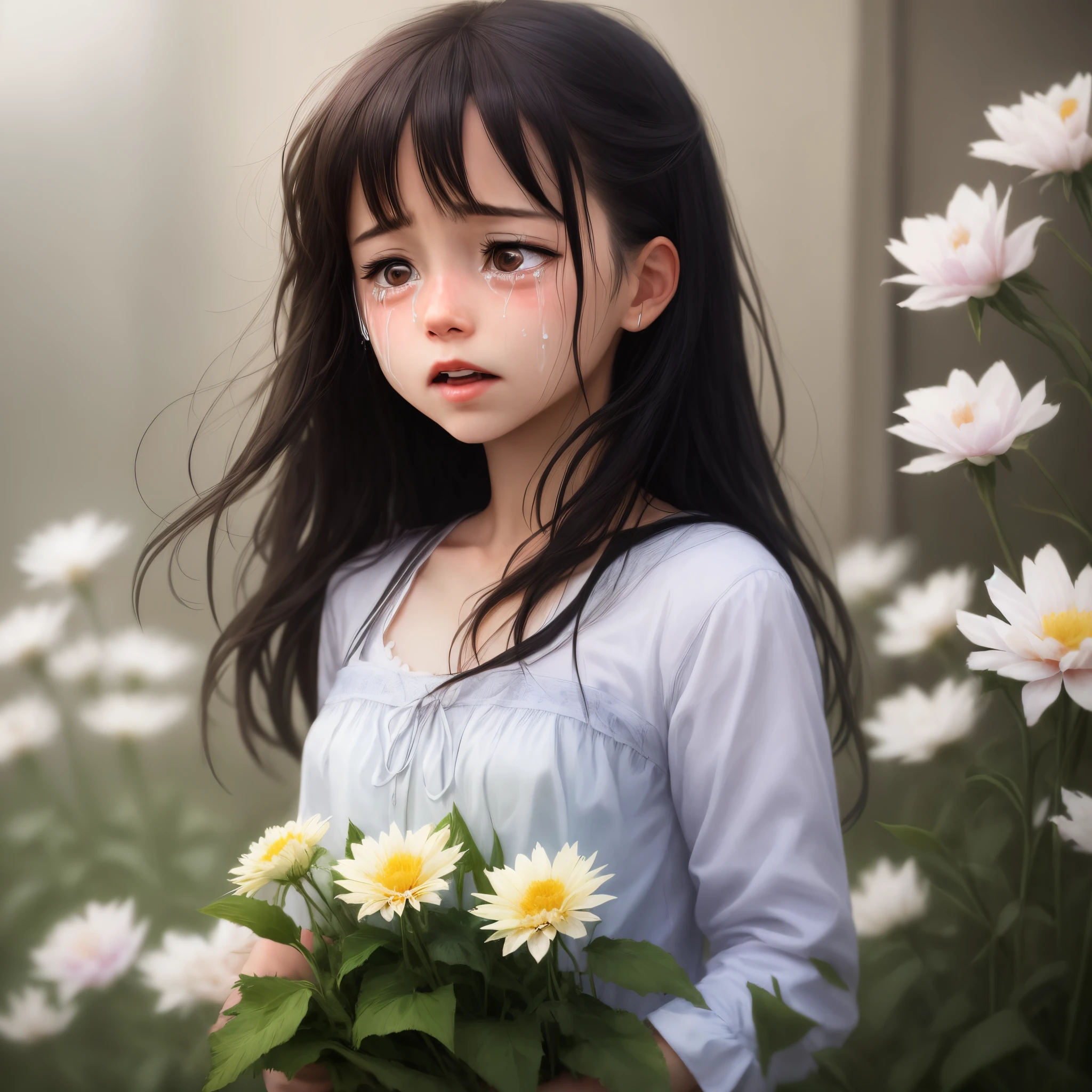 Girl eating flowers while crying