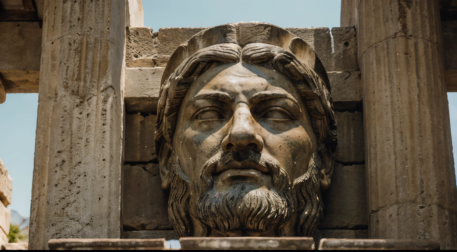 Ancient Stoic Statue With Very Angry Expression, tem barba, muitos detalhes em ambos os olhos, Outside, fundo atenas grego, open sky, com rosto extremamente detalhado full body view, Colors with low saturation with dark tone, Filmado em Sony A7S III com Sony FE 35mm f/1.8, 12.1 MP, --AR 3:2 --estilo cru