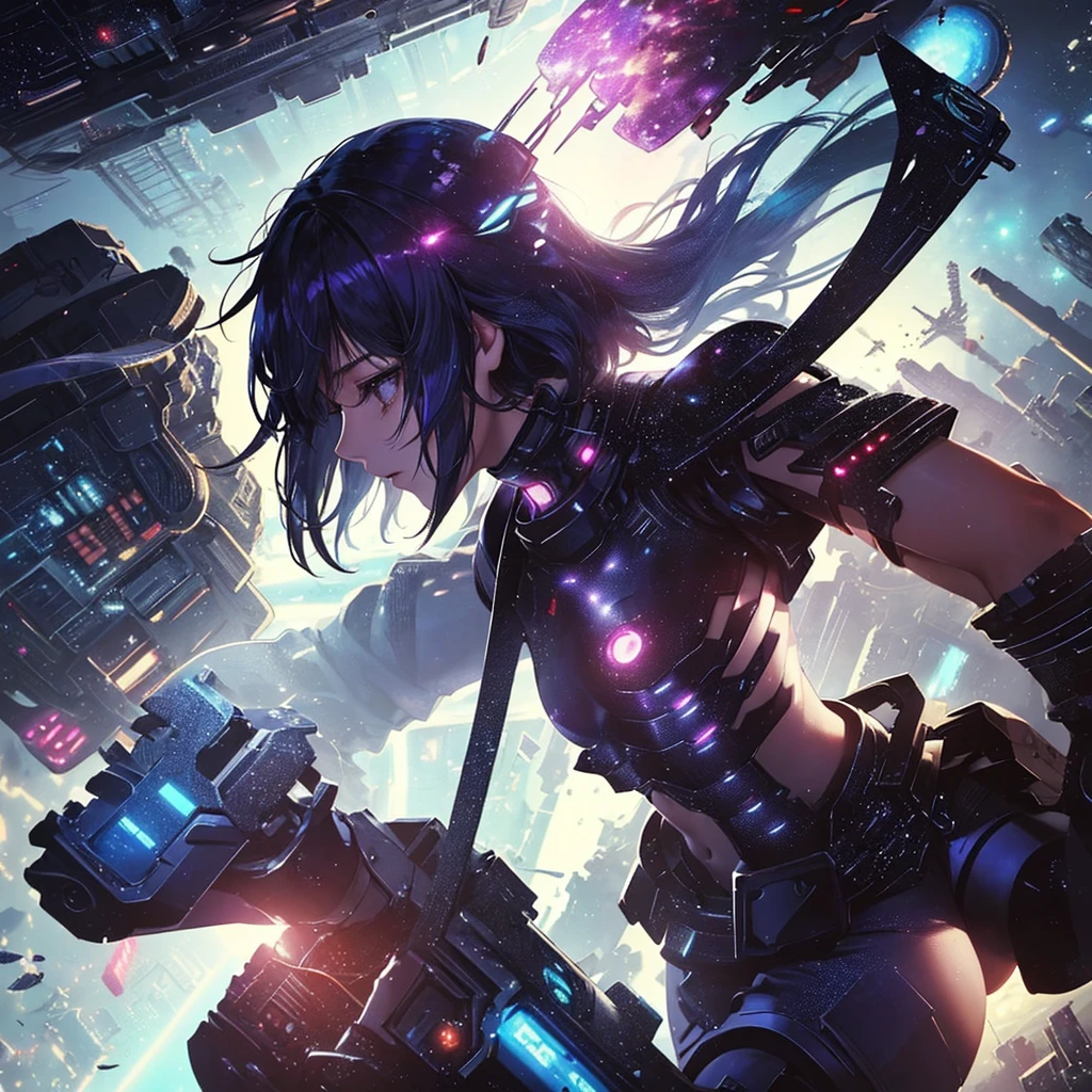 Motoko Kusanagi, Ghost in the shell, 1995. (​masterpiece、top-quality、top-quality、Official art、ighly detailed、Beautifully Aesthetic:1.2)、(1girl in),cosmic space、cyberpunked、Future Space Combat Suits、((nebulas))、Delicate Light, Intuitive, Precise focus、cinema4d、Dramatic、