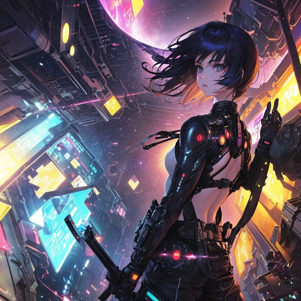 Motoko Kusanagi, Ghost in the shell, 1995. (​masterpiece、top-quality、top-quality、Official art、ighly detailed、Beautifully Aesthetic:1.2)、(1girl in),cosmic space、cyberpunked、Future Space Combat Suits、((nebulas))、Delicate Light, Intuitive, Precise focus、cinema4d、Dramatic、