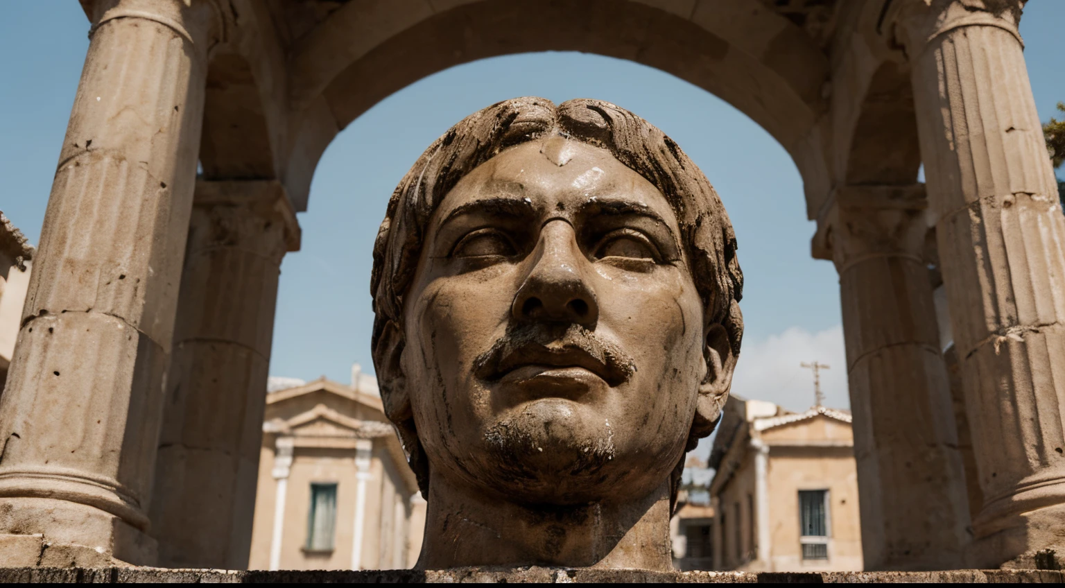 Ancient Stoic Statue With Very Angry Expression, tem barba, muitos detalhes em ambos os olhos, Outside, fundo atenas grego, open sky, com rosto extremamente detalhado full body view, Colors with low saturation with dark tone, Filmado em Sony A7S III com Sony FE 35mm f/1.8, 12.1 MP, --AR 3:2 --estilo cru