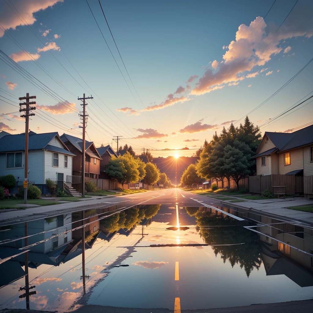 no people, scenery, cloud, sky, reflection, outdoors, sunset, caption, cloudy sky, sign, power pole, sparse very small houses, power lines, road sign, blue sky, street of a small township in northern usa, many trees, green grass, horizon, sunset, landscape, lens flare, warm colors, warm tones