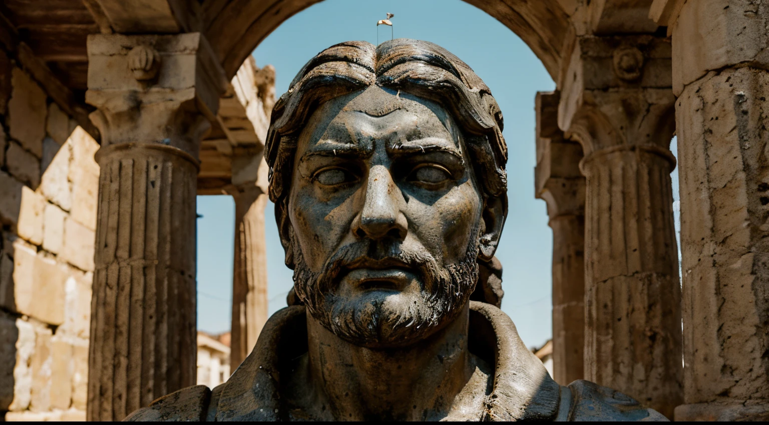 Ancient Stoic Statue With Very Angry Expression, tem barba, muitos detalhes em ambos os olhos, Outside, fundo atenas grego, open sky, com rosto extremamente detalhado full body view, Colors with low saturation with dark tone, Filmado em Sony A7S III com Sony FE 35mm f/1.8, 12.1 MP, --AR 3:2 --estilo cru