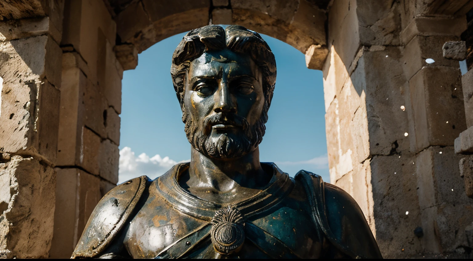 Ancient Stoic Statue With Very Angry Expression, tem barba, muitos detalhes em ambos os olhos, Outside, fundo atenas grego, open sky, com rosto extremamente detalhado full body view, Colors with low saturation with dark tone, Filmado em Sony A7S III com Sony FE 35mm f/1.8, 12.1 MP, --AR 3:2 --estilo cru
