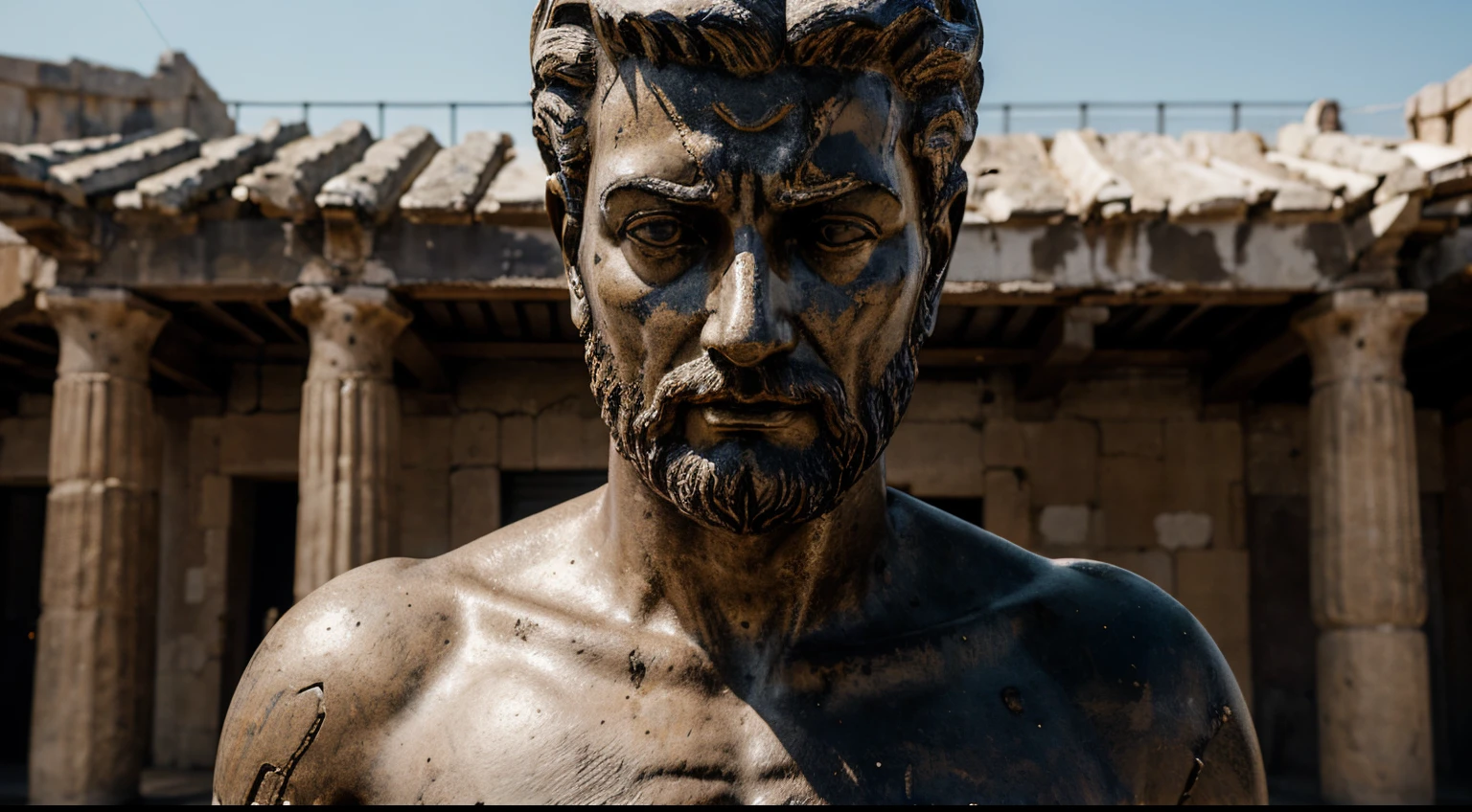 Ancient Stoic Statue With Very Angry Expression, tem barba, muitos detalhes em ambos os olhos, Outside, fundo atenas grego, open sky, com rosto extremamente detalhado full body view, Colors with low saturation with dark tone, Filmado em Sony A7S III com Sony FE 35mm f/1.8, 12.1 MP, --AR 3:2 --estilo cru