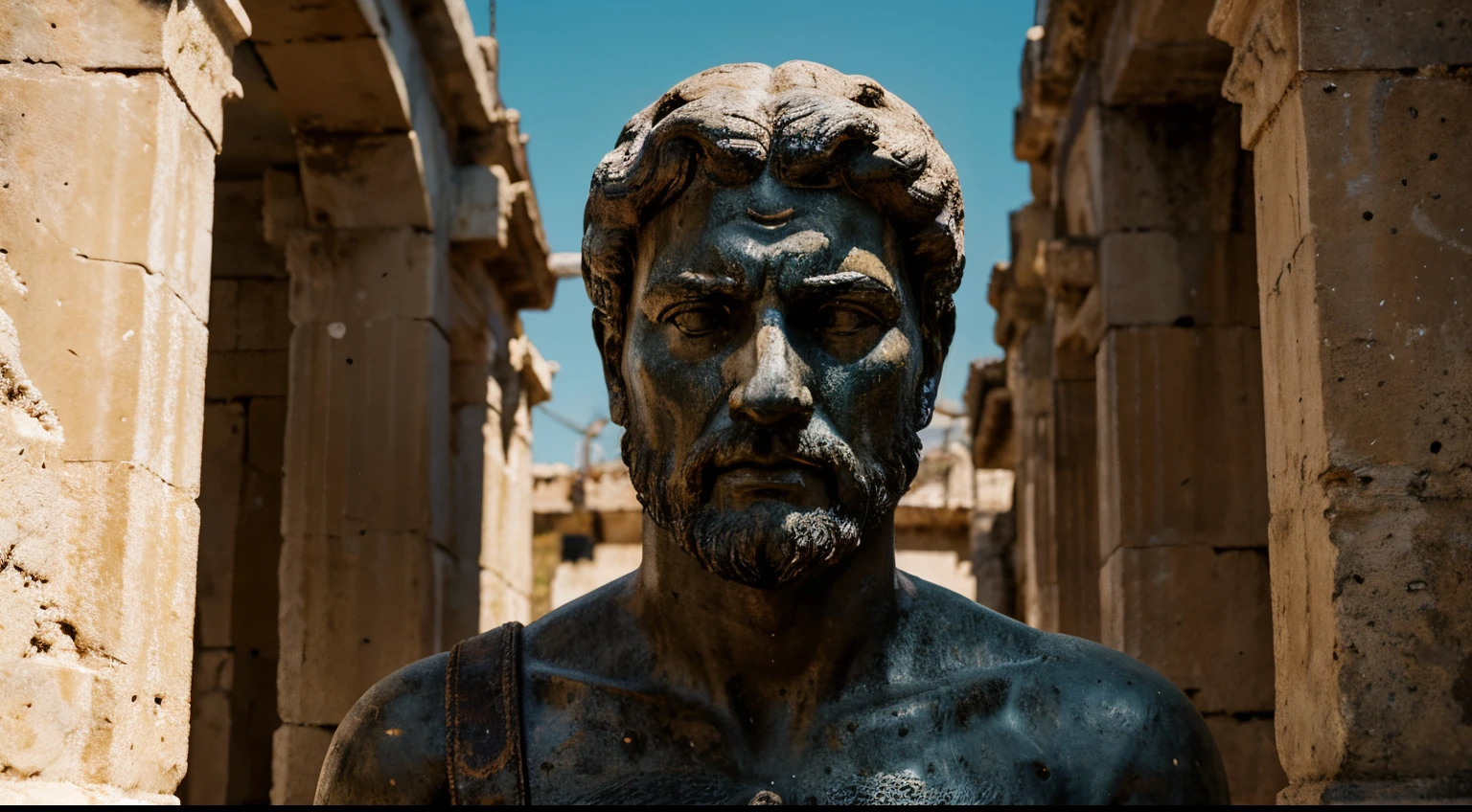 Ancient Stoic Statue With Very Angry Expression, tem barba, muitos detalhes em ambos os olhos, Outside, fundo atenas grego, open sky, com rosto extremamente detalhado full body view, Colors with low saturation with dark tone, Filmado em Sony A7S III com Sony FE 35mm f/1.8, 12.1 MP, --AR 3:2 --estilo cru