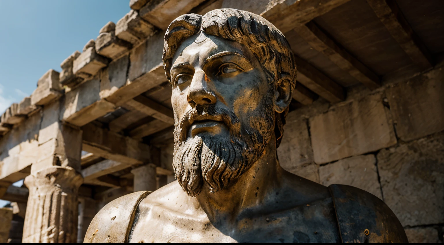 Ancient Stoic Statue With Very Angry Expression, tem barba, muitos detalhes em ambos os olhos, Outside, fundo atenas grego, open sky, com rosto extremamente detalhado full body view, Colors with low saturation with dark tone, Filmado em Sony A7S III com Sony FE 35mm f/1.8, 12.1 MP, --AR 3:2 --estilo cru