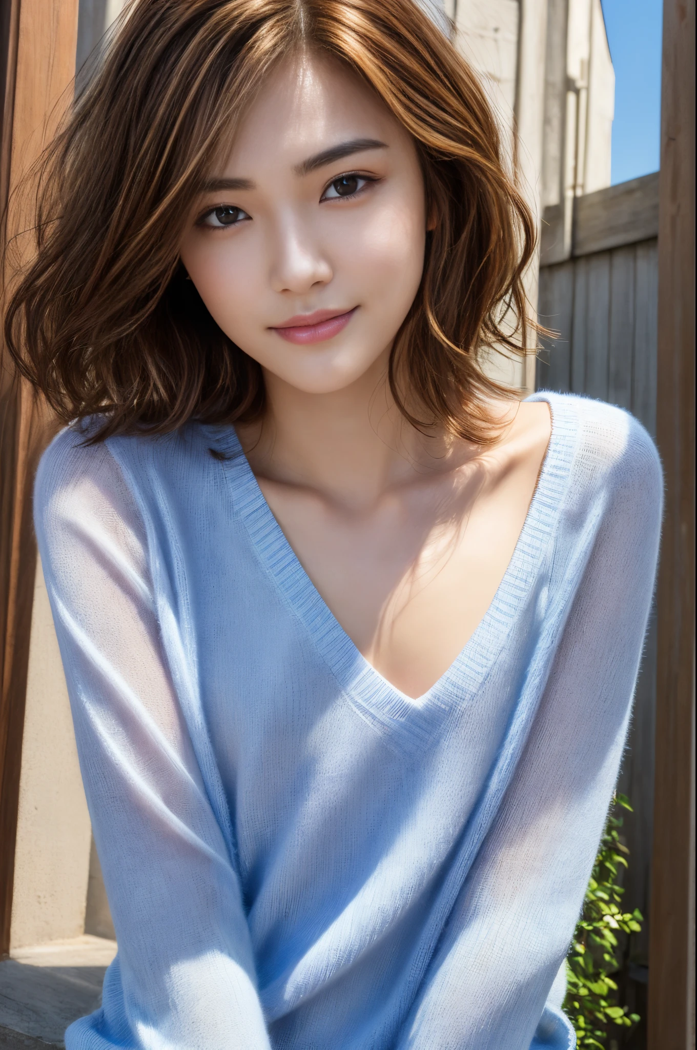 (masterpiece、top-quality:1.2)、(Raw photography、realisitic、Photorealsitic:1.3)、(8K、hight resolution、ultra-detailliert:1.2)、1girl in、(perfect anatomia)、(Focus on the face、Look at viewers)、(Detailed eyebrows、Realistic beautiful eyes、realistic shiny skin、Detailed beautiful handsome face:1.2)、(slender、tiny chest:1.3)、bangss、(realistic cinematic lighting、Detailed shadowing、highly contrast:1.2)、The upper part of the body、outside of house、V-neck mesh sweater、gently smiling、light brown hair with highlights、short cut wavy hair