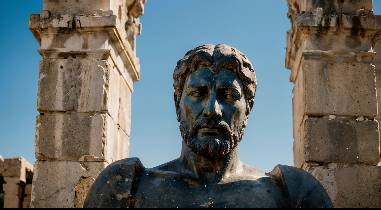 Ancient Stoic Statue With Very Angry Expression, tem barba, muitos detalhes em ambos os olhos, Outside, fundo atenas grego, open sky, com rosto extremamente detalhado full body view, Colors with low saturation with dark tone, Filmado em Sony A7S III com Sony FE 35mm f/1.8, 12.1 MP, --AR 3:2 --estilo cru