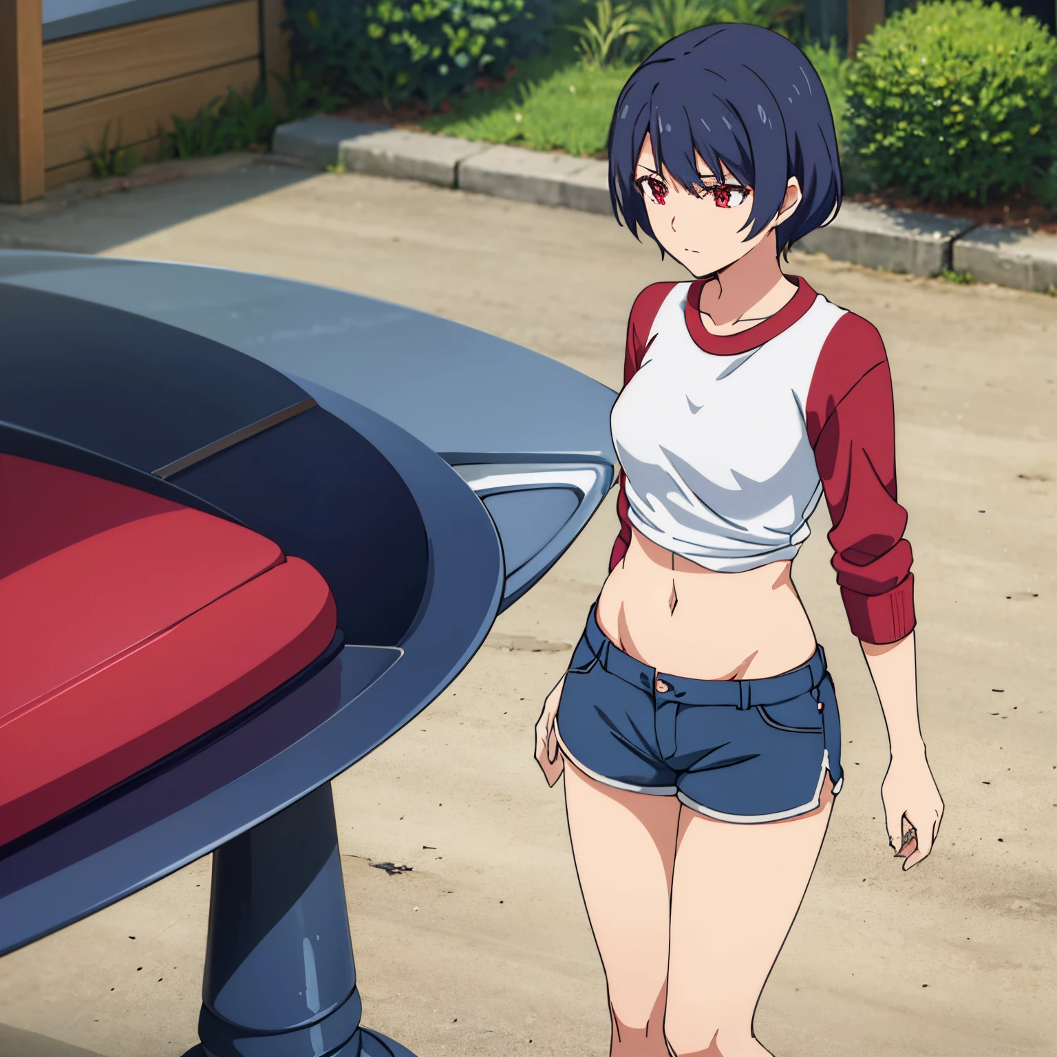 1girl, alone, Rui Tachibana, short hair, dark blue hair, red eyes, white sweatshirt, short shorts, blue shorts, medium breasts, medium waist, wide hips, wide thighs